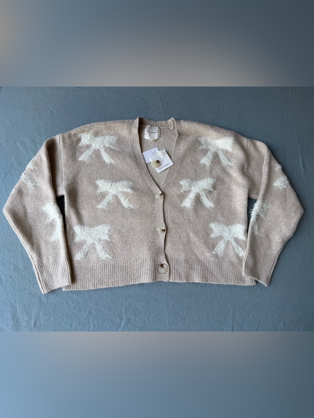 No Comment Cream Bow-Pattern Cardigan in Blush Taupe